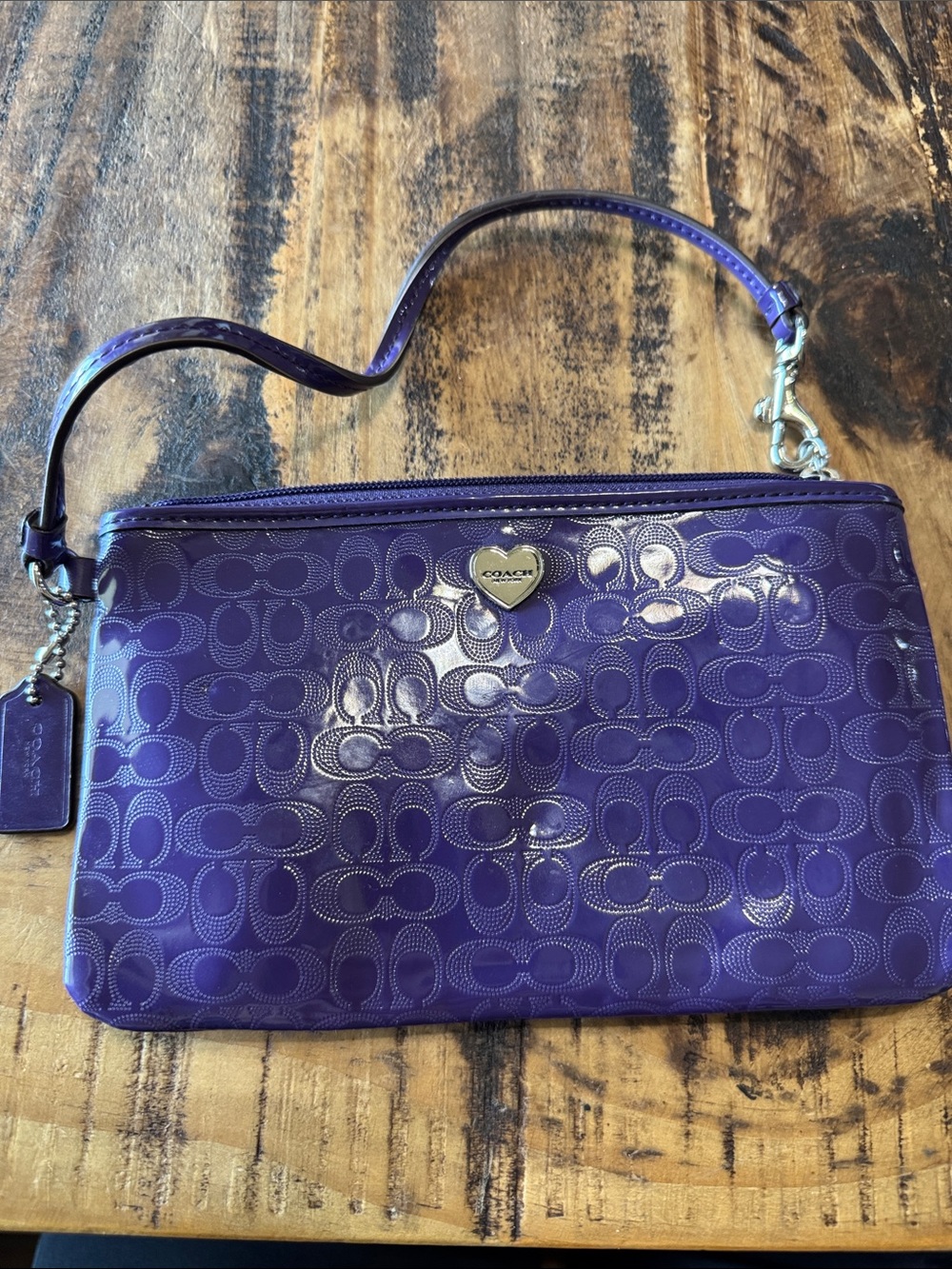 Coach Purple Patent Signature Wristlet with Heart Logo